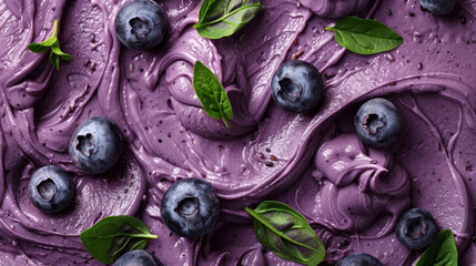 A detailed view of a purple cake topped with fresh blueberries, highlighting the vibrant colors and textures.