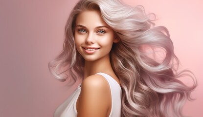 Portrait of a beautiful Blonde Hair of caucasian woman with a bright smile for shampoo advertising concept Hair conditioner and cosmetic products on pastel pink background. - obrazy, fototapety, plakaty