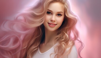 Fototapeta premium Portrait of a beautiful Blonde Hair of caucasian woman with a bright smile for shampoo advertising concept Hair conditioner and cosmetic products on pastel pink background.