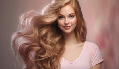 Fototapeta premium Portrait of a beautiful Blonde Hair of caucasian woman with a bright smile for shampoo advertising concept Hair conditioner and cosmetic products on pastel pink background.