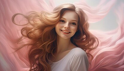 Fototapeta premium Portrait of a beautiful Blonde Hair of caucasian woman with a bright smile for shampoo advertising concept Hair conditioner and cosmetic products on pastel pink background.