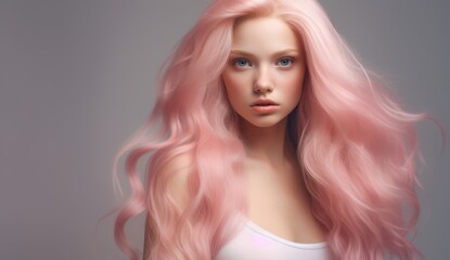 Fototapeta premium Portrait of a beautiful Blonde Hair of caucasian woman with a bright smile for shampoo advertising concept Hair conditioner and cosmetic products on pastel pink background.