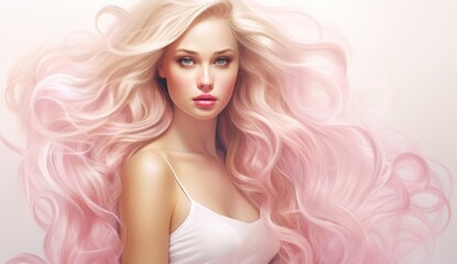 Portrait of a beautiful Blonde Hair of caucasian woman with a bright smile for shampoo advertising concept Hair conditioner and cosmetic products on pastel pink background. - obrazy, fototapety, plakaty