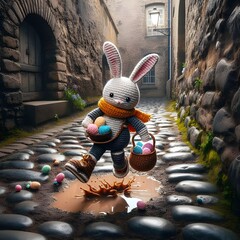 Happy Easter 3d realistic bunny doll Crochet figure jumping over a muddy puddle carrying a basket filled with colorful Easter eggs against atmosphere with a rural background and old church buildings