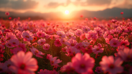 ピンク色の花園 夕陽 - obrazy, fototapety, plakaty