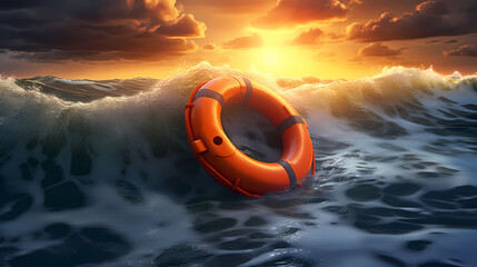 Lifebuoy floating on the sea, symbolizing safety - obrazy, fototapety, plakaty