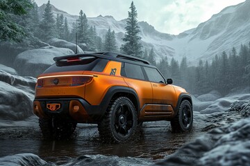 Orange SUV Driving Through Mountain Stream
