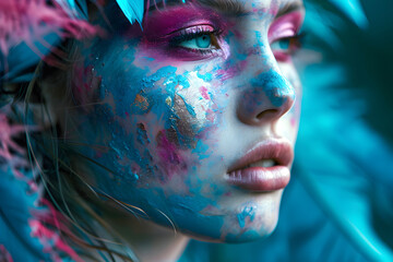 portrait of a beautiful woman model with colored bodypainting on her face. fashionable beauty and glamor - obrazy, fototapety, plakaty