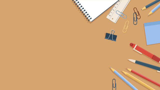 desk top view in flat style keyboard, notebook, ruler and tablet, post its clips pens pencils over brown table