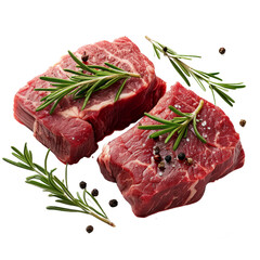 Raw beef steak with rosemary and peppercorns isolated on transparent background With clipping path. cut out. 3d render