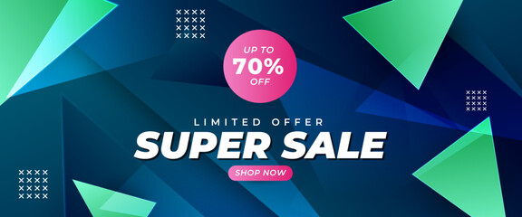 Blue pink and green vector big sale vector banner design with geometric shapes style. For sale background, poster, flyer, catalog