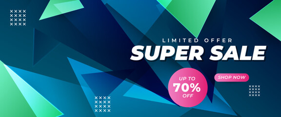 Blue pink and green vector super sale shopping banner template design with shapes. For sale background, poster, flyer, catalog