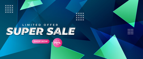 Blue pink and green stylish modern super sale banner template design with shapes. For sale background, poster, flyer, catalog