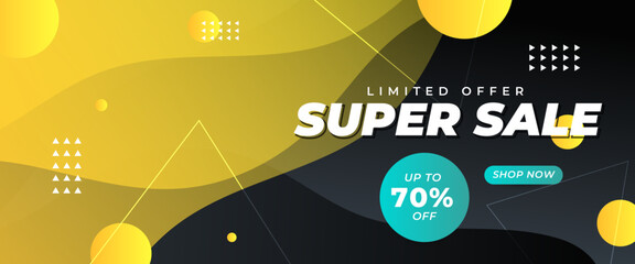Green black and yellow super sale banner template design with geometric shapes. Vector illustration. For sale background, poster, flyer, catalog