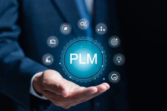 PLM, Product Lifecycle Management concept. Businessman holding PLM icon on virtual screen for manufacturing industry.