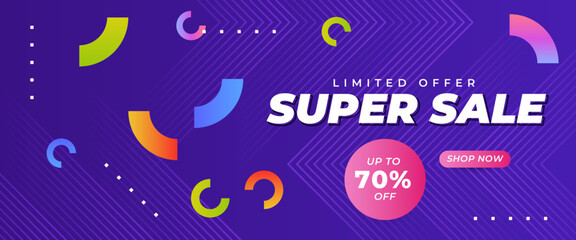 Colorful vector super sale shopping banner template design with shapes. For sale background, poster, flyer, catalog