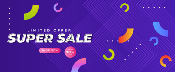 Colorful stylish modern super sale banner template design with shapes. For sale background, poster, flyer, catalog