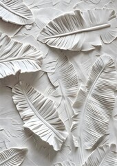3D embossed white clay texture, banana leaves embossing on paper, natural
