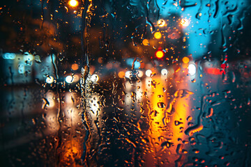 blurred background from the light of the night city on a window wet with raindrops