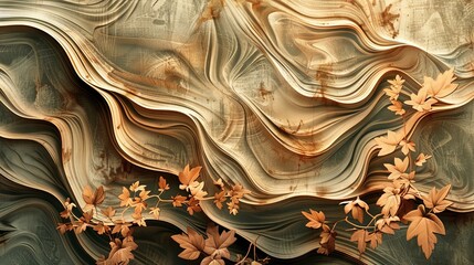 sage green and amber background, ripple wood and leaves