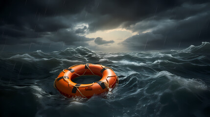 Naklejka premium Lifebuoy floating on the sea, symbolizing safety