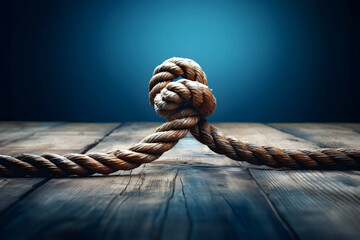 Rope on a wooden background. Rope tied in a knot - obrazy, fototapety, plakaty