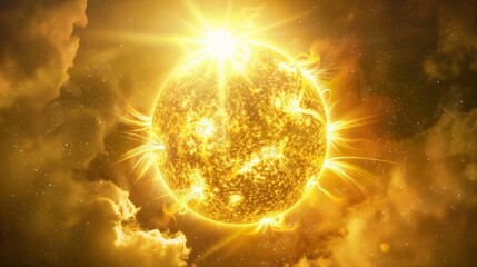 A bright yellow sun is radiating its energy with tiny almost invisible particles bouncing off the surface. These particles represent . AI generation.