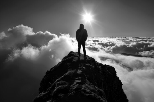 Silhouette of a person standing on a mountain peak looking down on the clouds under the sun rays, monochrome outdoors adventure