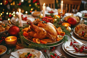 Fototapeta na wymiar roasted chicken on the table, Christmas family dinner concept