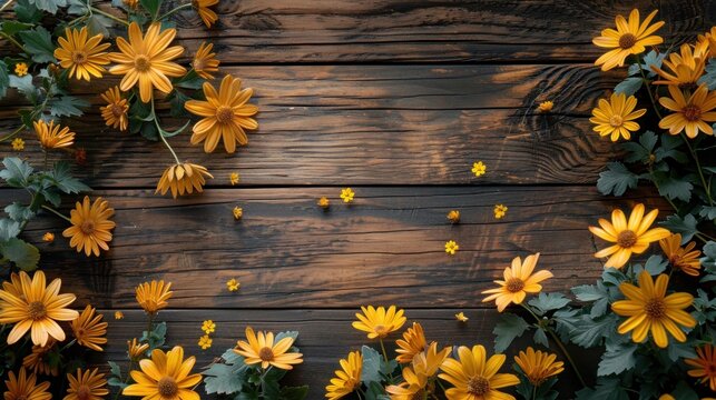 Vintage Border with Yellow Flowers - Spring/Summer Floral Background on Aged Wood with Vintage Color Tone