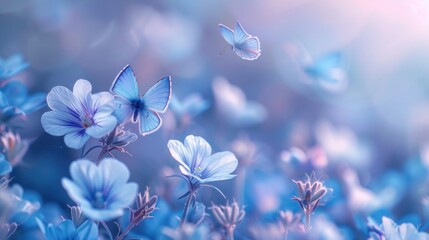 Fototapeta na wymiar Fluttering Butterflies and Wild Blue Flowers in a Field - Close-Up Macro Artistic Image with Blue and Purple Tones