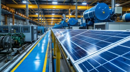 A row of industrial machines and equipment inside a warehouse all powered by a solar energy system. . AI generation.