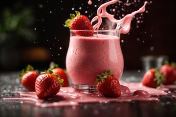 Splash of strawberry smoothie milkshake with ice and fresh strawberries on the table