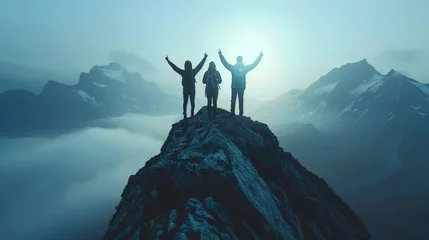 Gordijnen Together overcoming obstacles with three people holding hands up in the air on mountain top , celebrating success and achievements © SHI