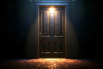 light in the door. the concept of going through a portal to another world. new world and stage in life - obrazy, fototapety, plakaty
