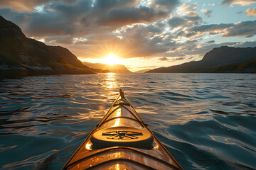 yellow kayak boat floats down the river in the fjords of Norway towards the sunrise. view from myself - obrazy, fototapety, plakaty