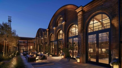 Obraz premium A nighttime shot of a converted train depot turned into a luxury hotel. The iconic arched windows and industrial details have been preserved while the interior boasts stylish