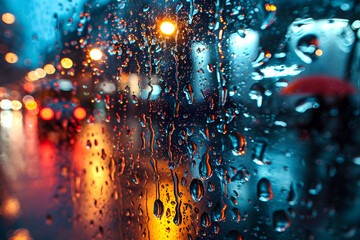 blurred background from the light of the night city on a window wet with raindrops