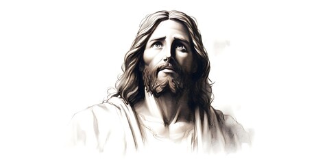 Portrait of Jesus Christ in black and white with copy space. Vector illustration.