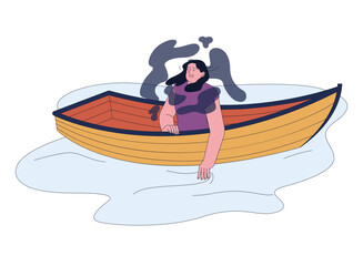 Fear of isolation. Frightened young woman sitting in a drifting away boat.