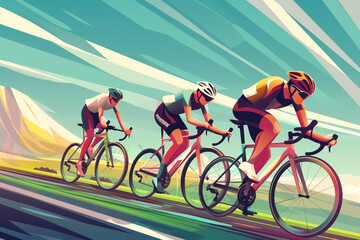 Fototapeta premium Cycling race in beautiful nature mountain. Bicycle racers in action. Professional cyclists colorful Grainy gradients modern art design. AI generated