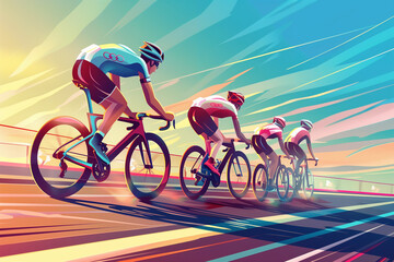Fototapeta premium Cycling race in beautiful nature mountain. Bicycle racers in action. Professional cyclists colorful Grainy gradients modern art design. AI generated