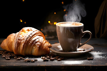 hot coffee in a cup with coffee beans and a lush croissant. dessert for breakfast