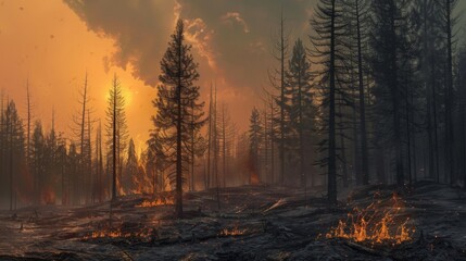 In an otherwise tranquil forest a charred and barren landscape bears the scars of a meteorites catastrophic impact.