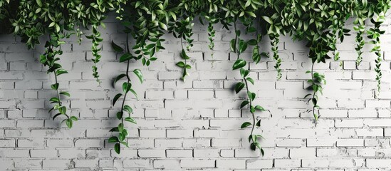 Green plants texture background on a white brick wall with empty space