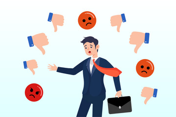 Businessman response to negative feedback, response to negative feedback, dislike or bad customer review rating, handle complaint, business mistake or problem, satisfaction or angry opinion (Vector) - obrazy, fototapety, plakaty