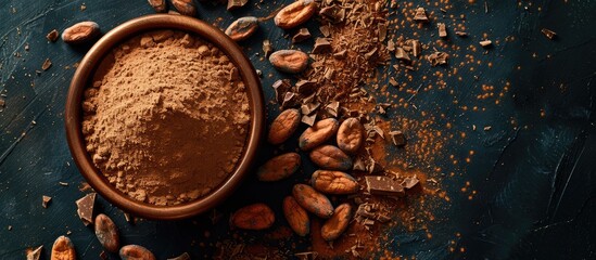 Cocoa and cacao idea illustrated with cocoa powder in a bowl, cocoa beans, and crushed chocolate on...