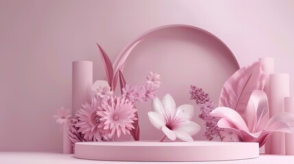 3D rendering flower background mauve color with geometric shape podium for product display, minimal concept, Premium illustration pastel floral elements, beauty, cosmetic, valentines day 