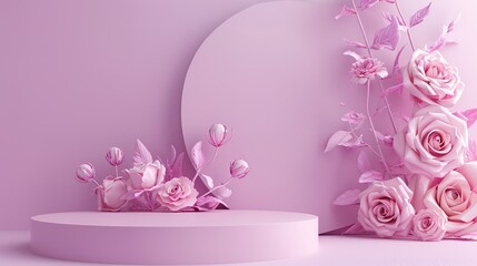 3D rendering flower background mauve color with geometric shape podium for product display, minimal concept, Premium illustration pastel floral elements, beauty, cosmetic, valentines day  - obrazy, fototapety, plakaty