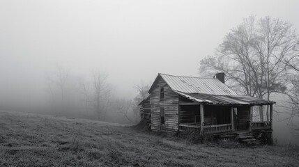 Obraz premium An abandoned cabin sits nestled in the mist a sinister reminder of the dangers that lie within.
